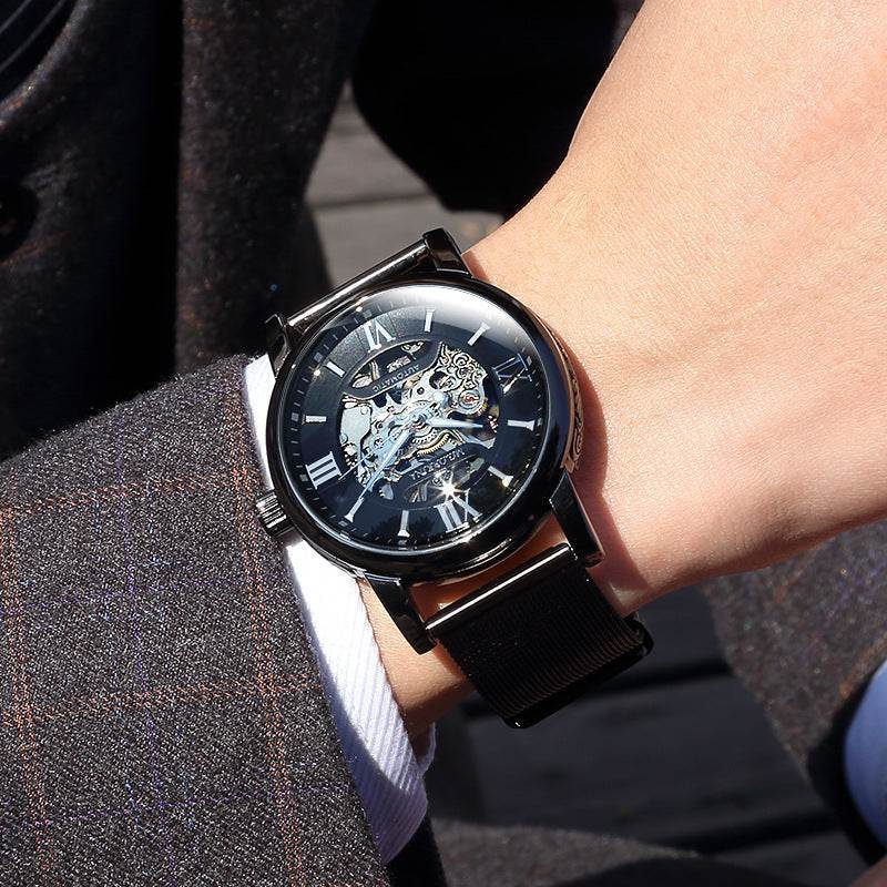 Automatic Mechanical Men's Watch - Luminous Display & Woven Mesh Belt - Buy Center