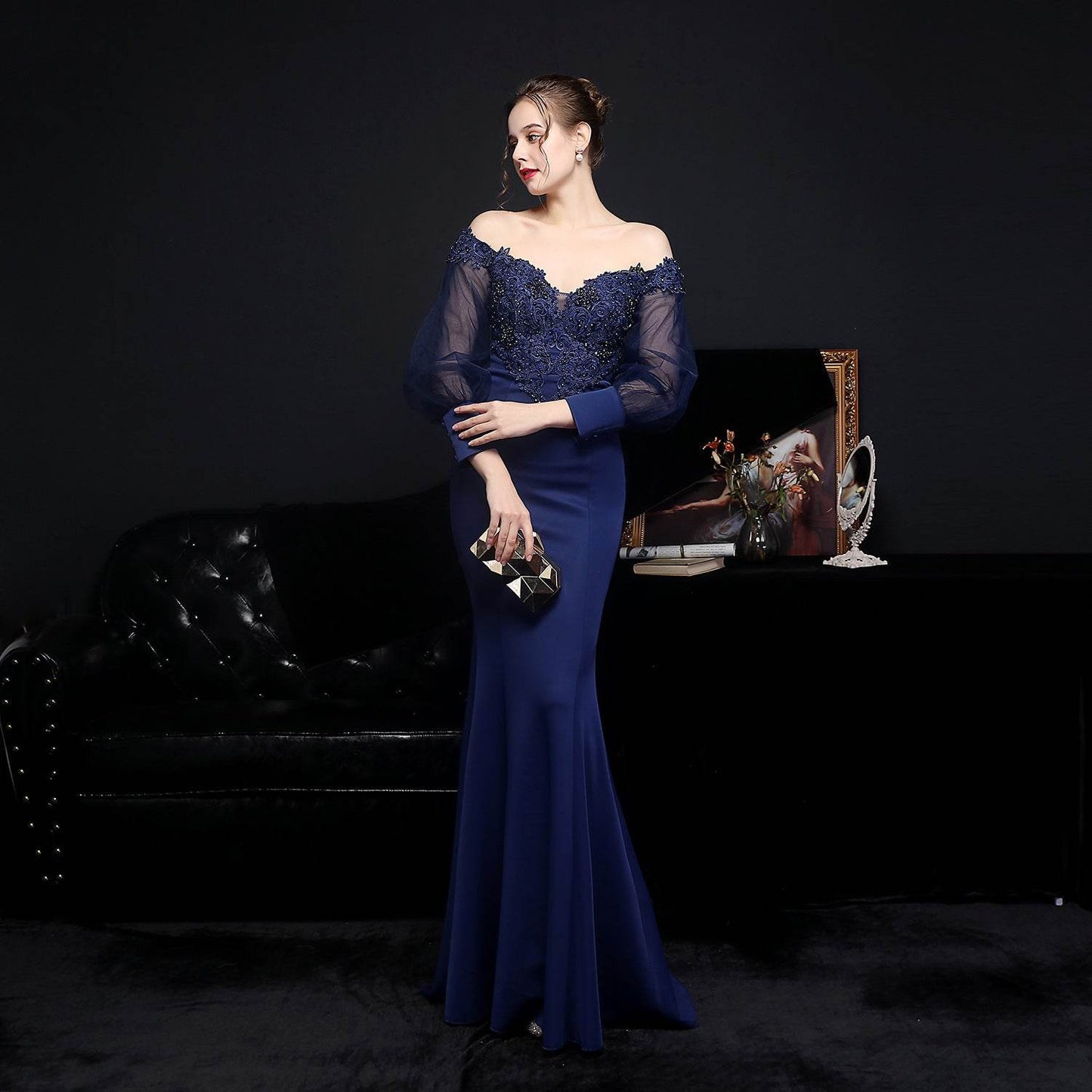 Buycenter Long-Sleeved Evening Dress - Full Craft Lace & Satin - Buy Center