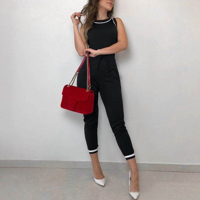 Buycenter Contrast Color Jumpsuit - Round Neck Sleeveless Vest Style - Buy Center