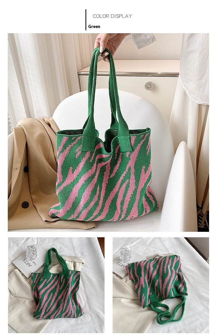 Large Capacity Zebra Pattern Tote Bag - Stylish Knitted Design for Women - Buy Center