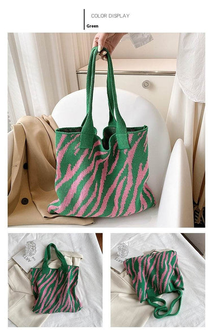 Large Capacity Zebra Pattern Tote Bag - Stylish Knitted Design for Women - Buy Center