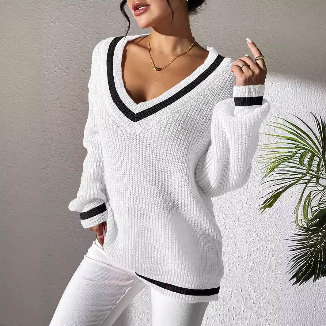 Buycenter Women's V-neck Color Block Sweater - Casual Pullover Style - Buy Center
