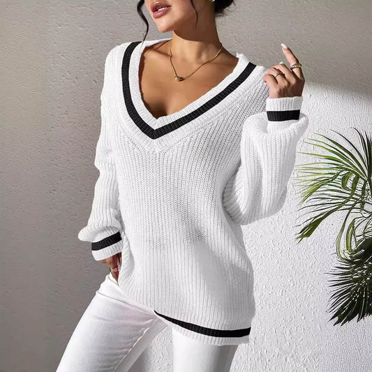 Buycenter Women's V-neck Color Block Sweater - Casual Pullover Style - Buy Center