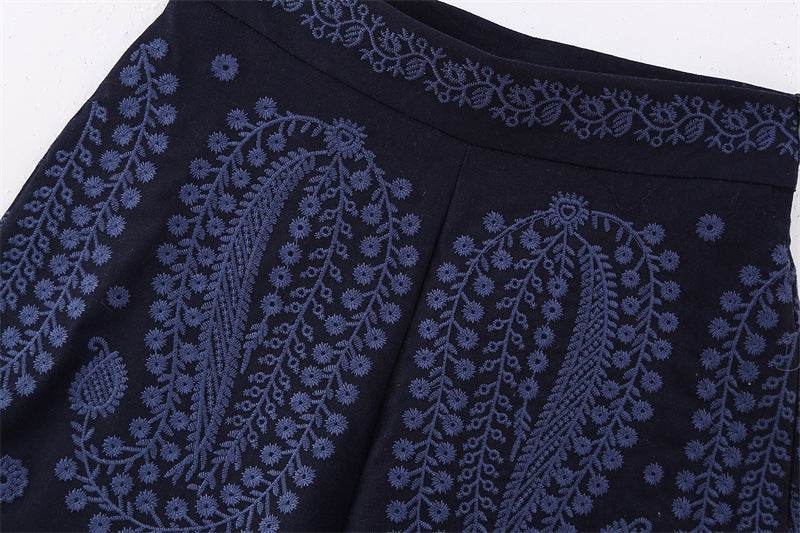 Buycenter Women's Casual A-Line Wide Leg Pants - High Waist, Embroidered Style - Buy Center