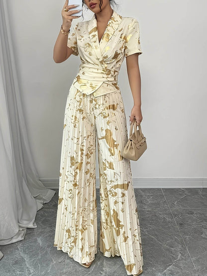 Elegant Golden-Print Two-Piece Set - Chic V-Neck Ruffle Blouse - Buy Center