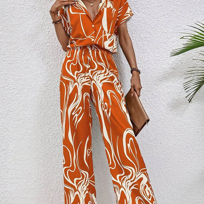 Elegant Women's Pants Set - Wide Leg Trousers & Short Sleeve Shirt - Buy Center