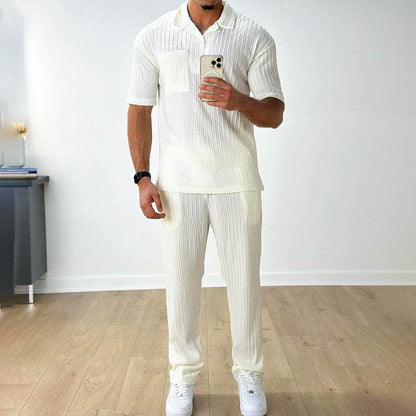Stylish Cotton Blend Men's Polo Shirt Trousers Set - Casual Elegance - Buy Center