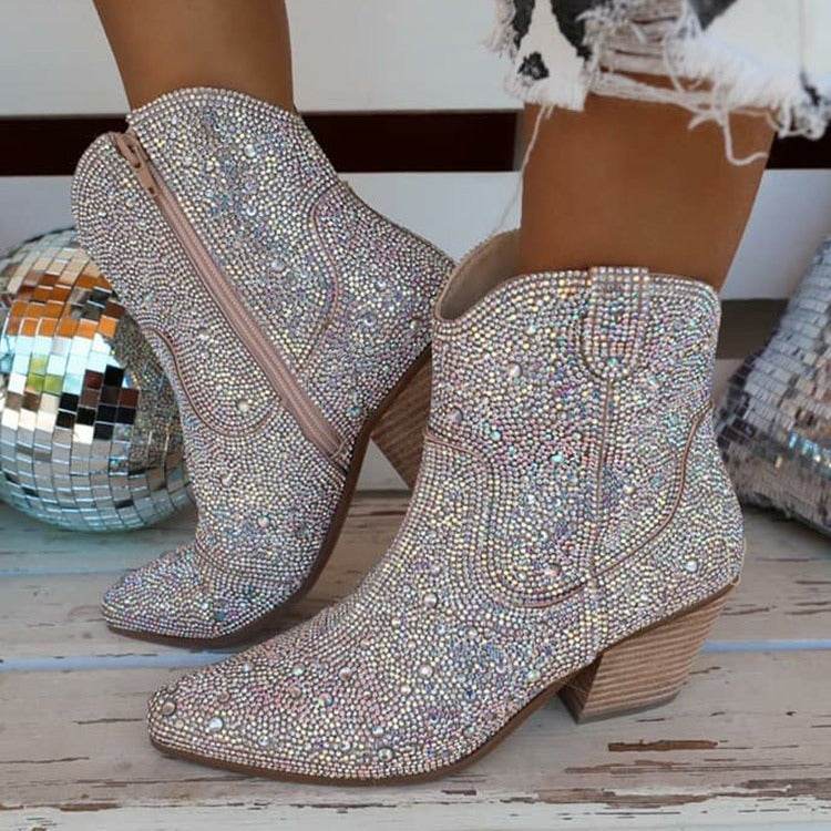 Buycenter Pointed High Heel Ankle Boots - Chunky Rhinestone Design - Buy Center