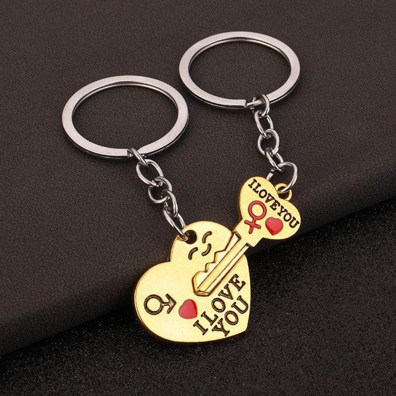 Creative Couple Keychain Set - Silver & Gold Heart Pendants for Love - Buy Center