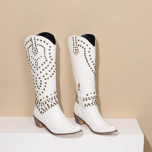 Buycenter Women's High Boots - Autumn & Winter Rivet Thick Heel Design - Buy Center