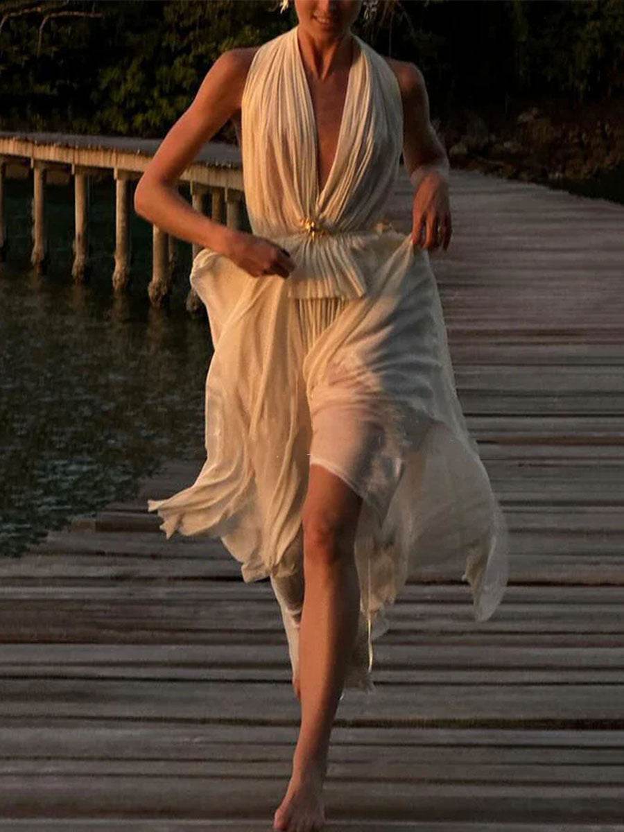 Buycenter Sexy Deep V Pleated Chiffon Dress - Elegant Two-Piece Suit - Buy Center