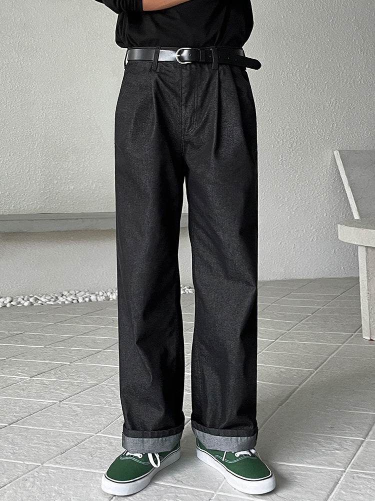 Men's Casual Loose-Fitting Straight Jeans - Black Wide-Leg Trousers - Buy Center