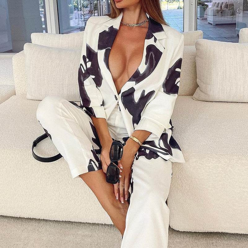 Buycenter Elegant Vintage Printed Business Suit - Casual Two-Piece Set - Buy Center