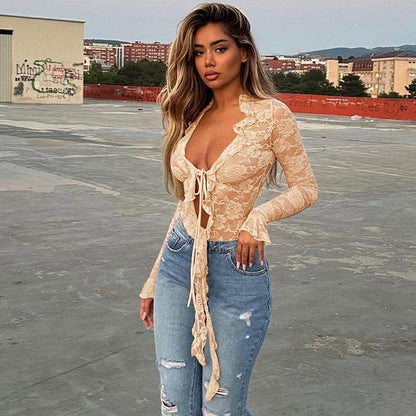 Apricot Patchwork Lace Irregular Jumpsuit - Sexy Tight Fit for Women - Buy Center