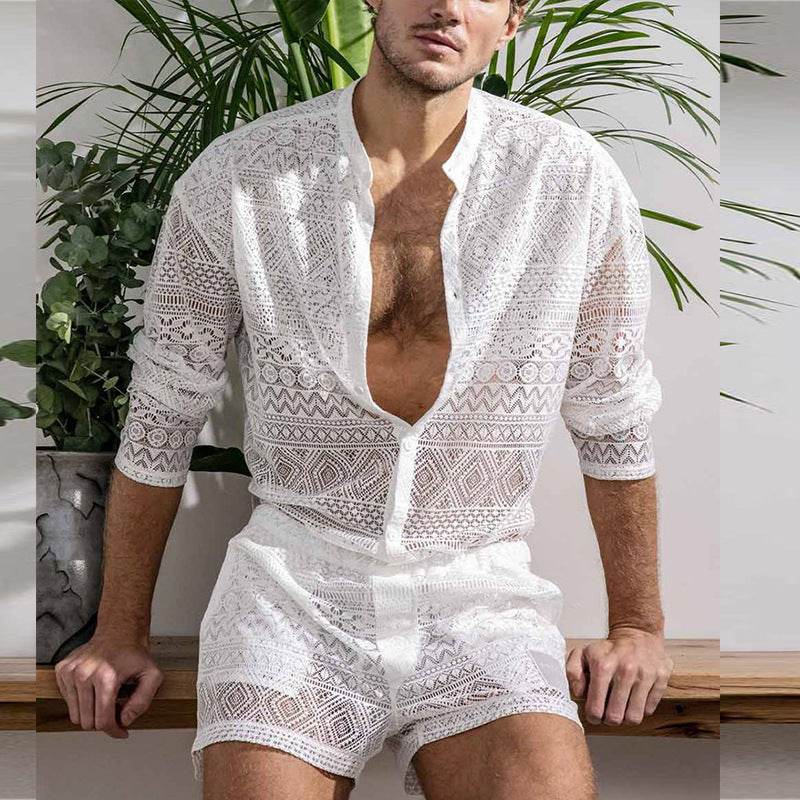 Buycenter Men's Summer Suit - Casual Long Sleeve Shirt & Shorts Set - Buy Center