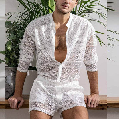 Buycenter Men's Summer Suit - Casual Long Sleeve Shirt & Shorts Set - Buy Center