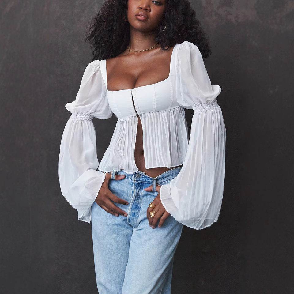 Buycenter Elegant Sheer Long Sleeve Square Collar Top - Fashionable Blouse - Buy Center