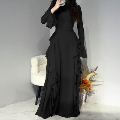 Buycenter High Waist Bell Sleeve Dress - Elegant Ruffle Design in Multiple Colors - Buy Center