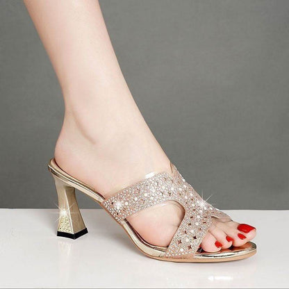 Elegant Rhinestone High Heel Women’s Slippers - Stylish Gold Sandals - Buy Center