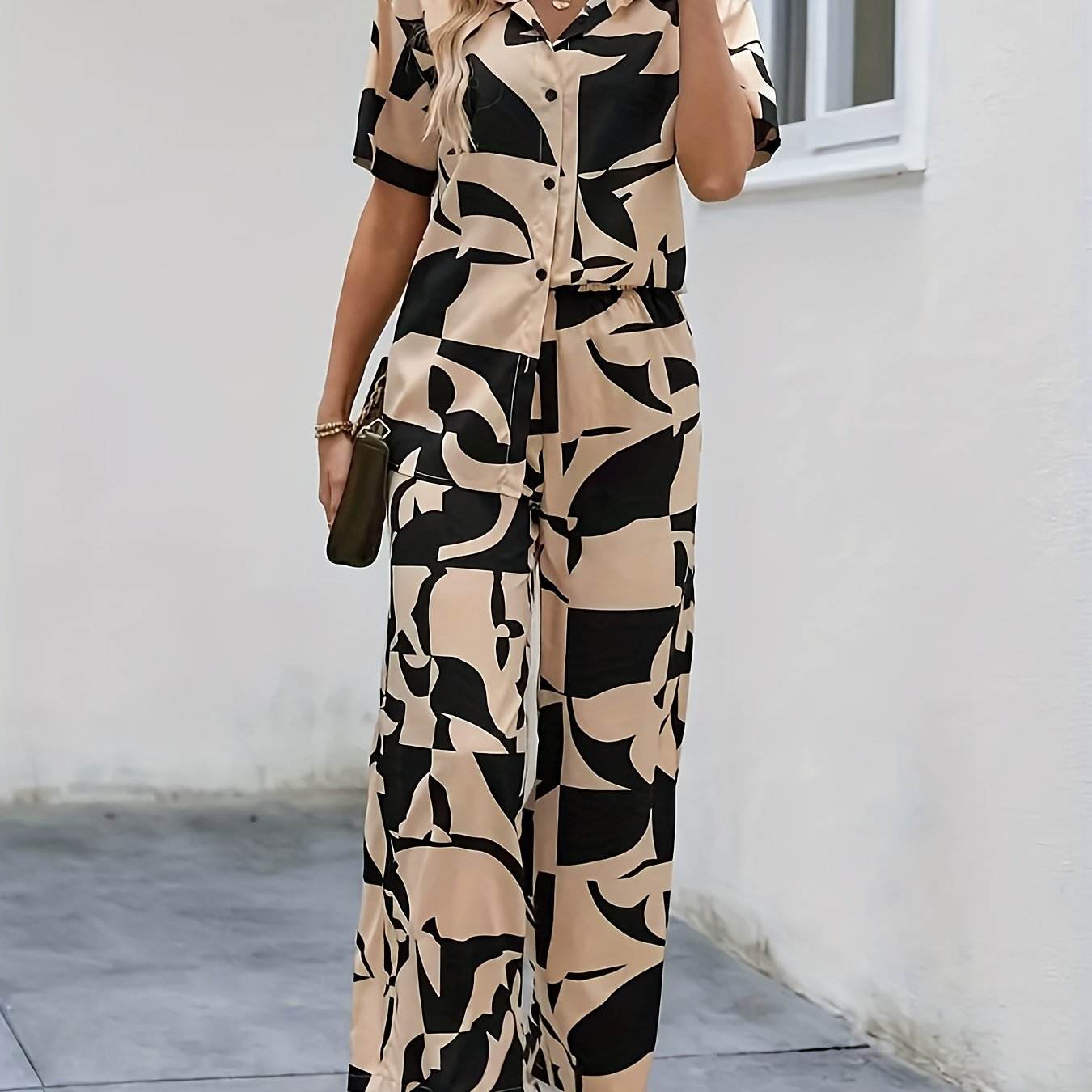 Elegant Geometric Print Shirt & Wide-Leg Pants Set - Spring Style - Buy Center