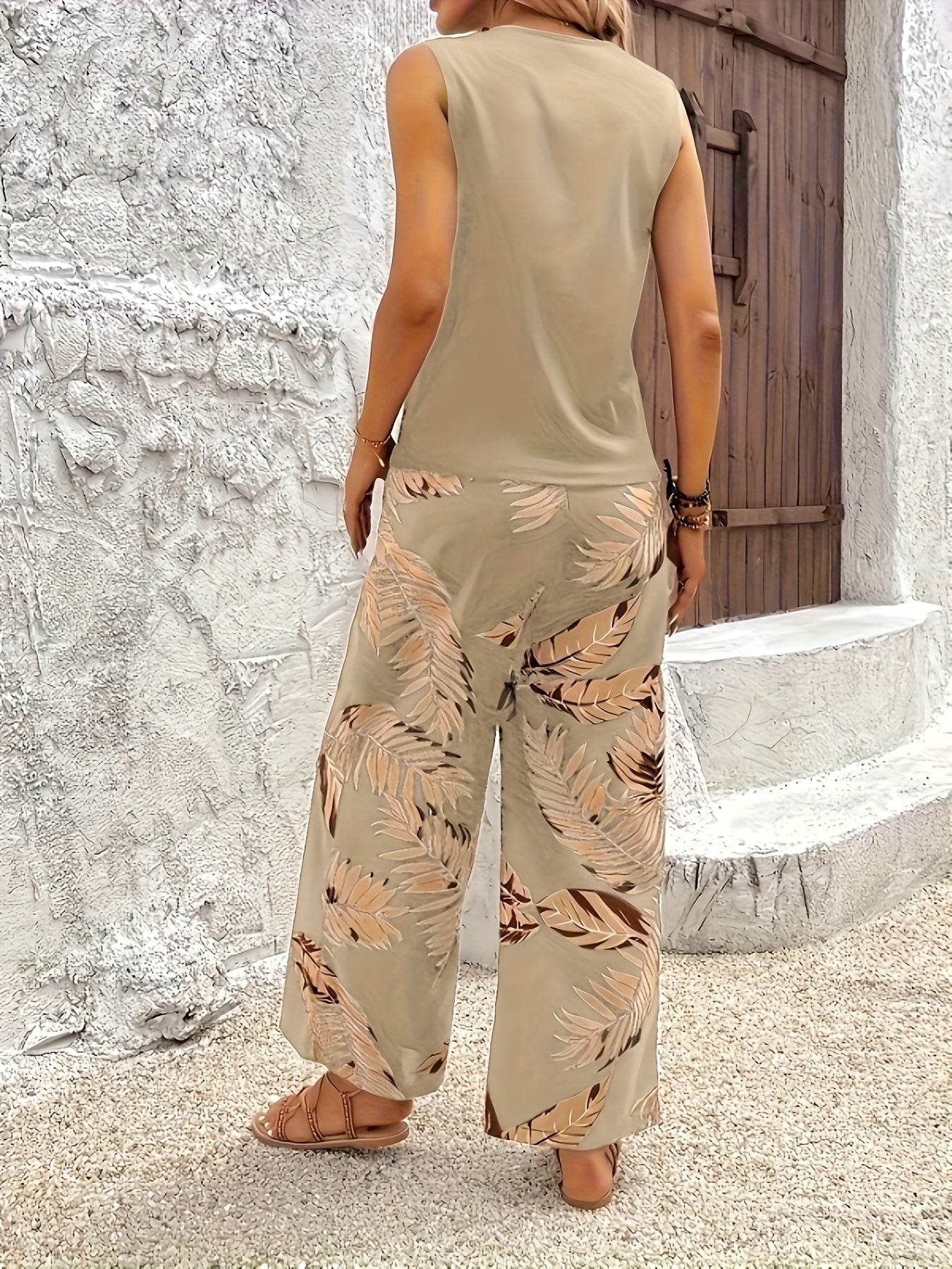 Elegant Two-Piece Floral Set - Sleeveless Top & Printed Pants - Buy Center