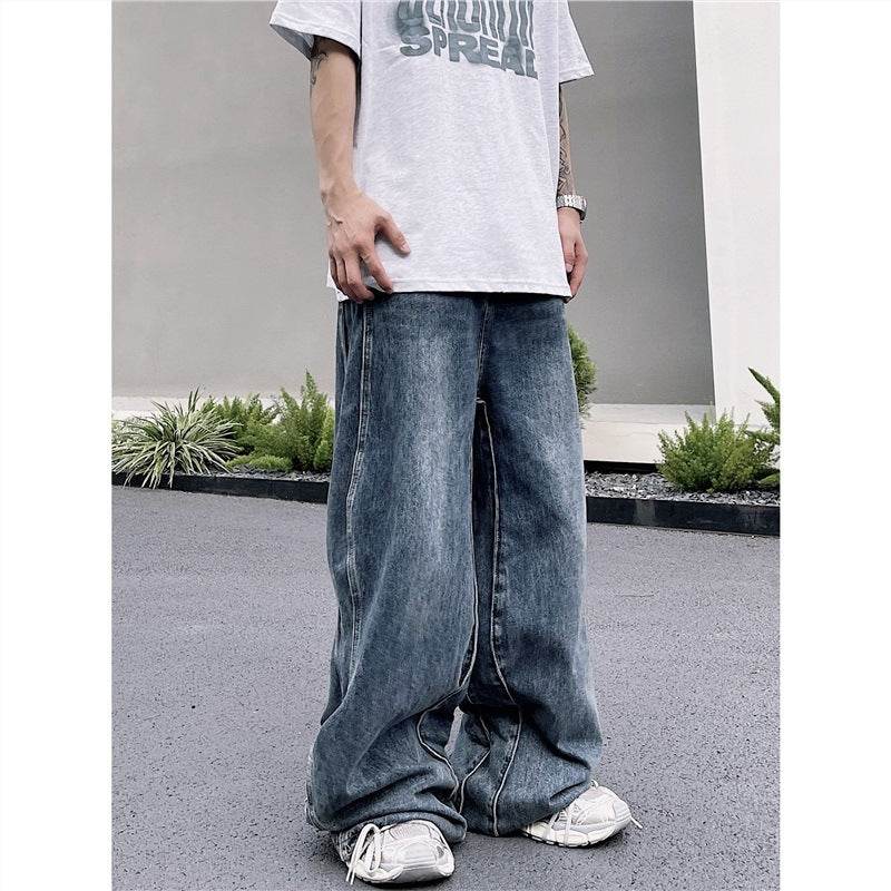Men's Vintage Wash Wave Jeans - Stylish Blue Leisure Pants in Various Sizes - Buy Center