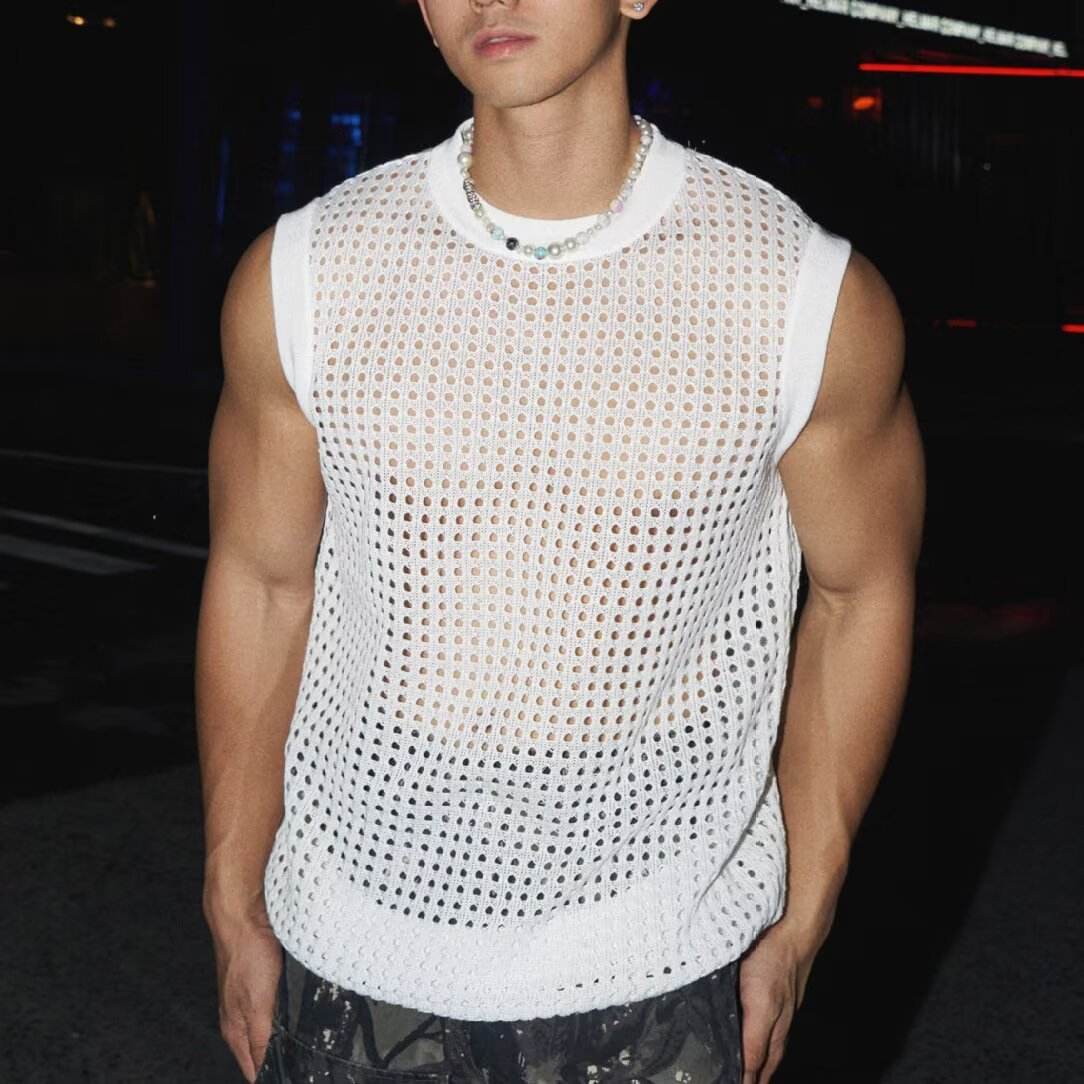 Korean Style Translucent Knitted Vest - Loose Fit, Silk Blend, Black & White - Buy Center