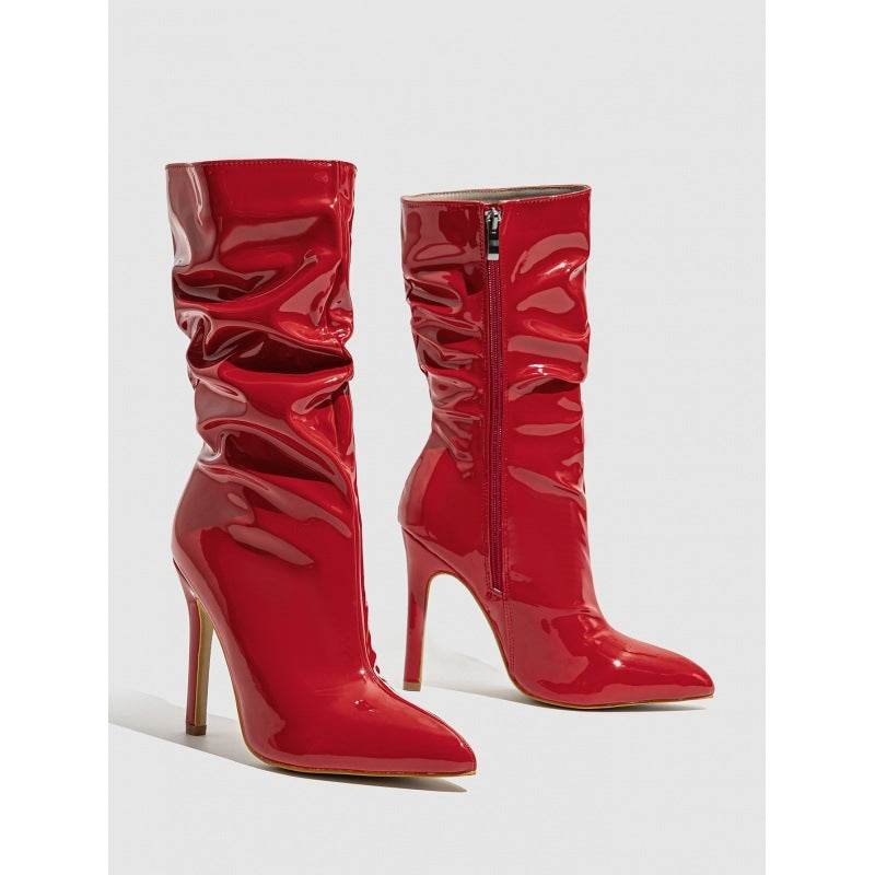 Buycenter Patent Leather Stiletto Heels - Stylish Mid-Calf Boots for Women - Buy Center
