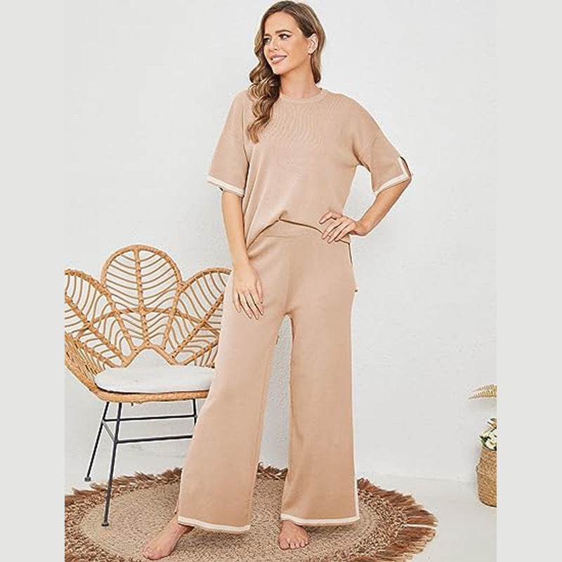 Buycenter New Knitting Suit - Short Sleeve Pullover & Wide Leg Pants - Buy Center