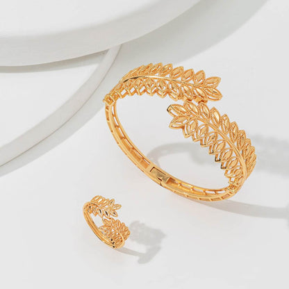 Vintage Gold Wheat Ear Leaf Bracelet & Ring Set - Elegant Bridal Jewelry - Buy Center