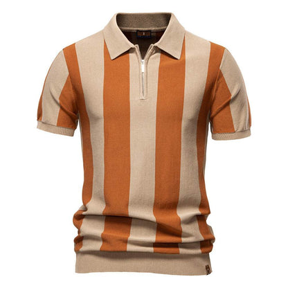 Men's Lapel Short-Sleeved Woolen Polo Shirt - Stylish Striped Design - Buy Center