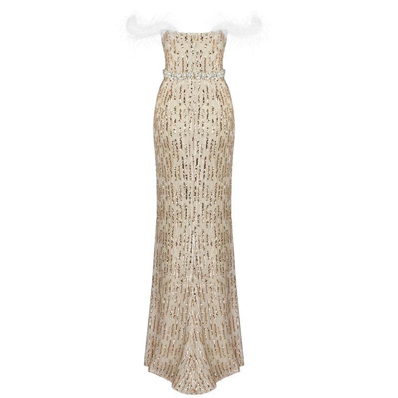 Buycenter Sexy Fishtail Evening Dress - Large Slit Champagne Tube Top - Buy Center