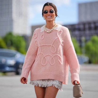 Buycenter Solid Color Wool Sweater - Long Sleeve Irregular Embroidery - Buy Center