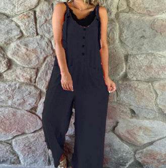 Women's Casual Button Suspender Pants - Chic Cotton-Linen Blend Style - Buy Center