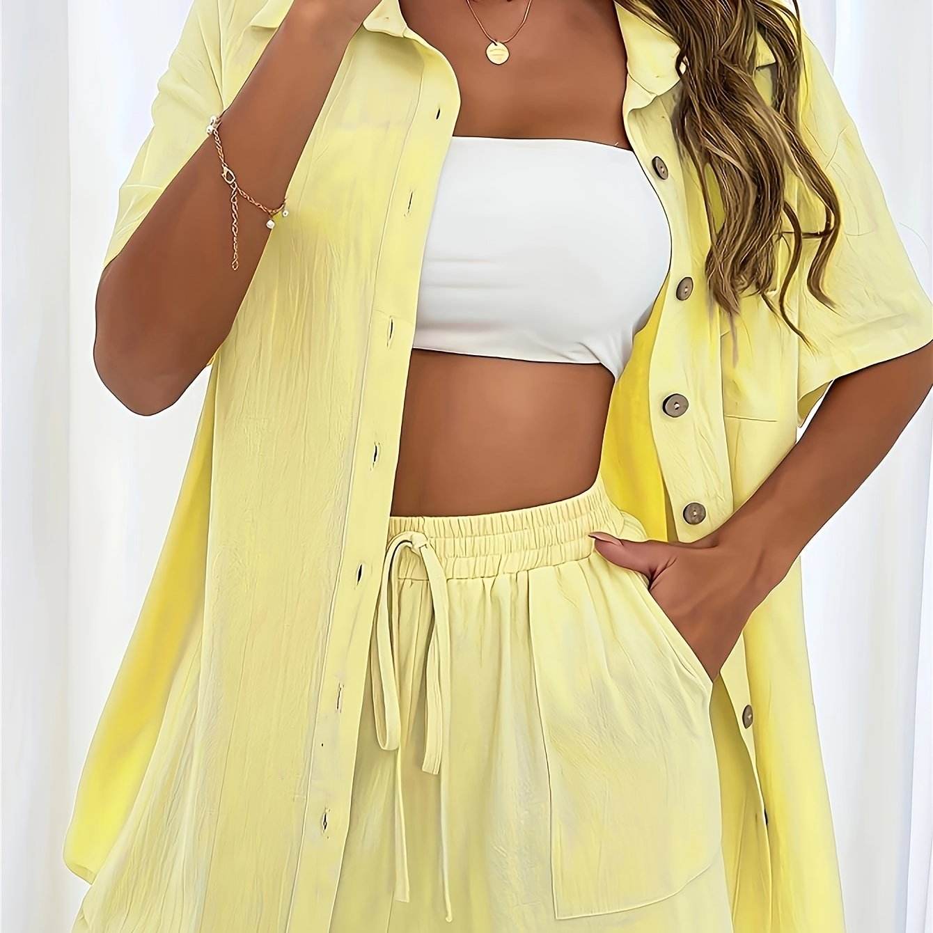 Women's Solid Color Two-Piece Set - Fashionable Pocket Shirt & Shorts - Buy Center