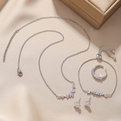 Elegant Zircon Inlaid Jewelry Set - Silver Necklace, Ring, Earrings & Bracelet - Buy Center