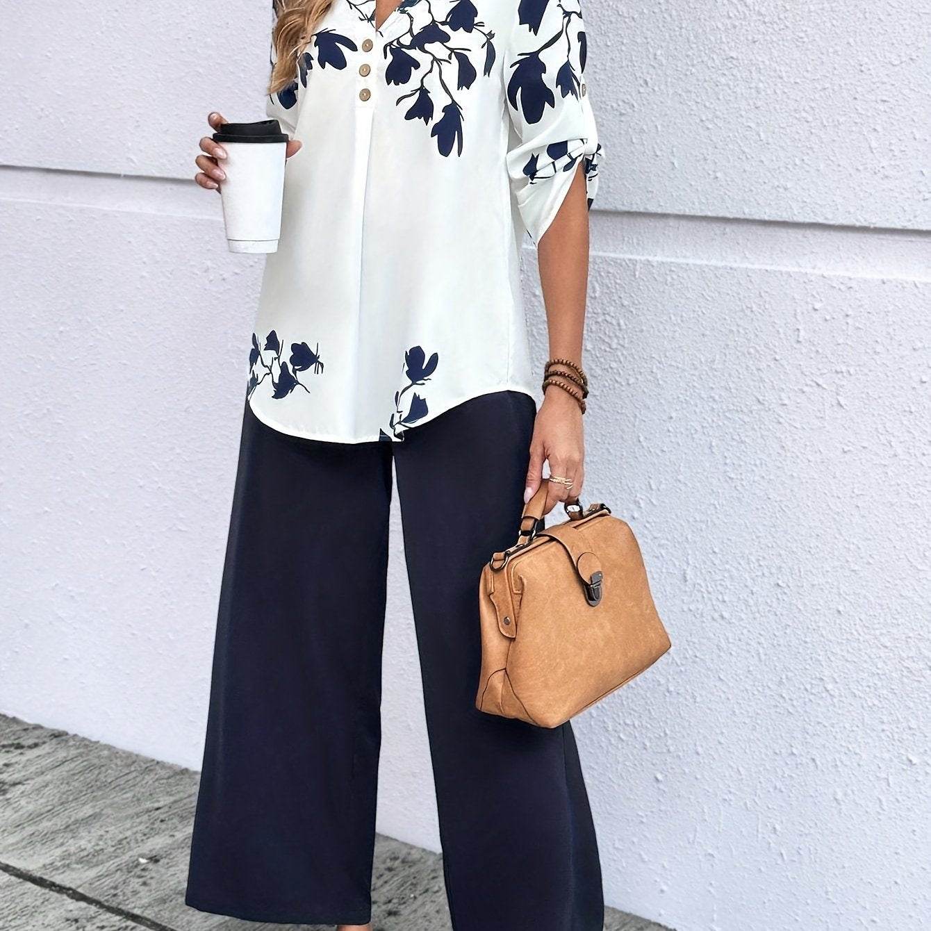 Women's Floral Print V-Neck Top & Pants Set - White Blue Casual Style - Buy Center