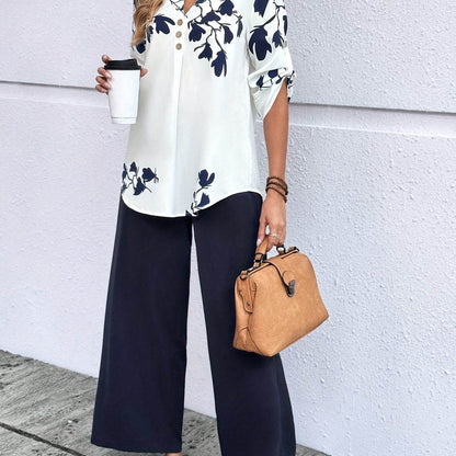 Women's Floral Print V-Neck Top & Pants Set - White Blue Casual Style - Buy Center