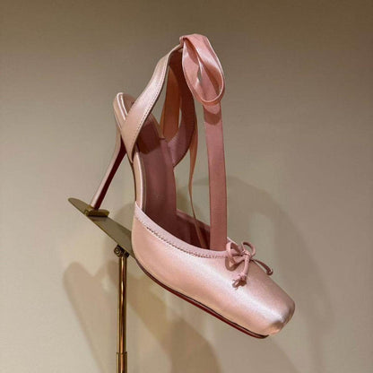 Buycenter Women's Trendy Leather Sole High Heels - Satin Ribbon Toe Cap - Buy Center