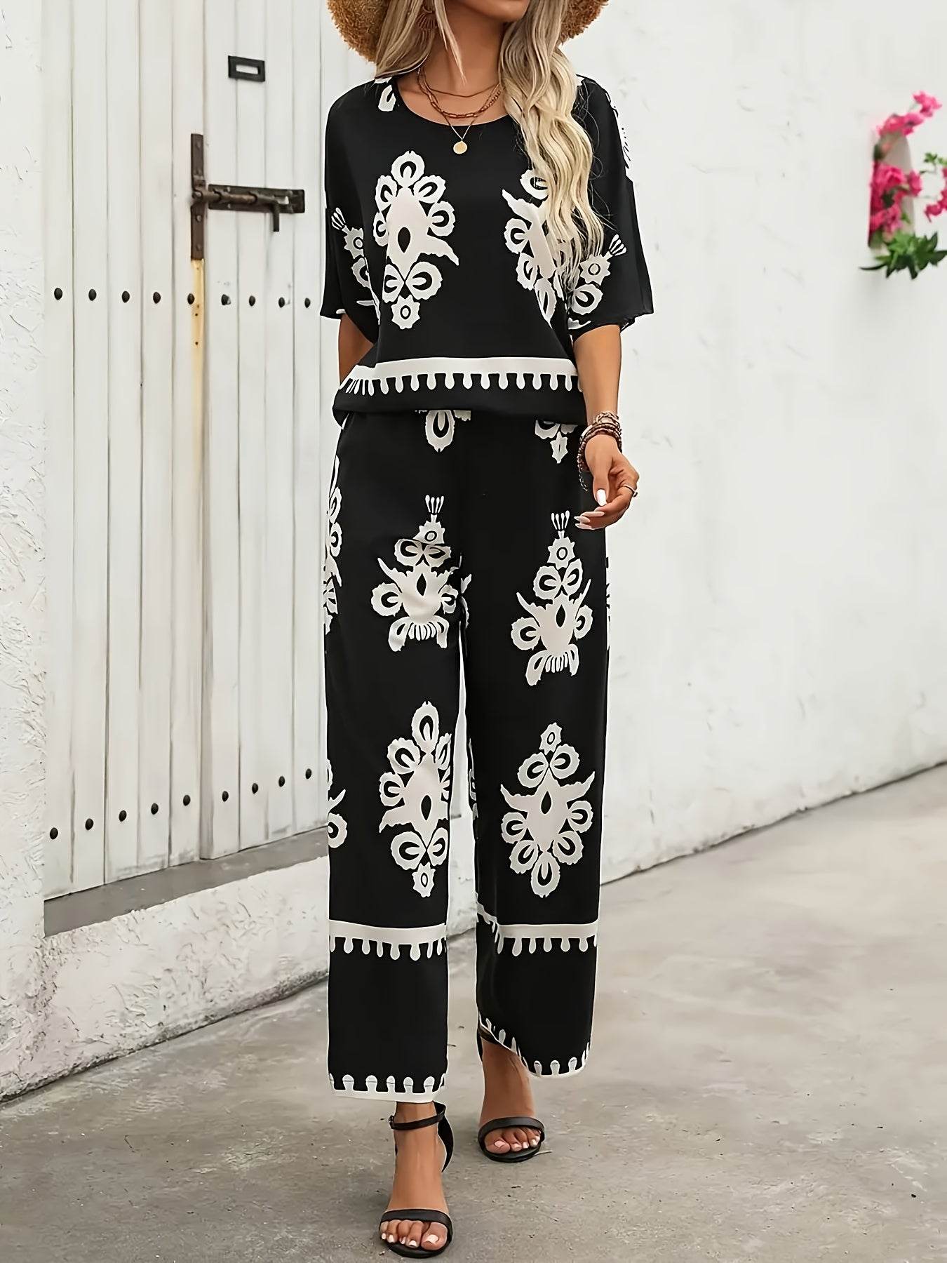 Elegant Geometric Pattern Wide Leg Outfit Set - Polyester, Autumn Fog - Buy Center