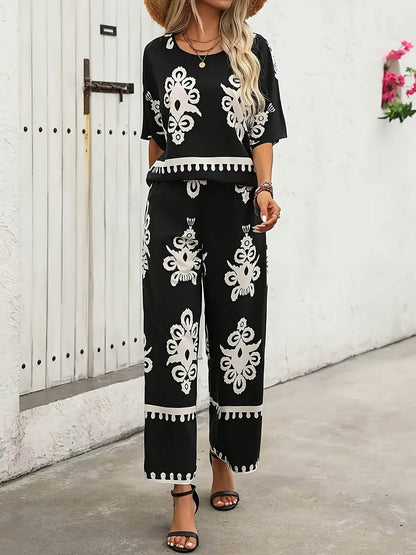 Elegant Geometric Pattern Wide Leg Outfit Set - Polyester, Autumn Fog - Buy Center