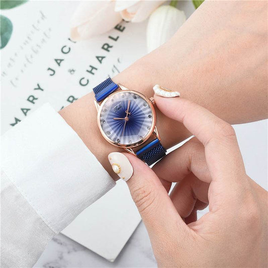 Women's Striped Diamond Mesh Watch - Casual Quartz Style with Magnetic Buckle - Buy Center