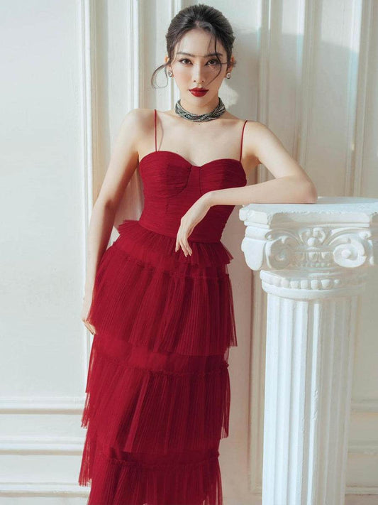 Buycenter Dark Red Evening Dress - Flowing Long Skirt for Elegant Occasions - Buy Center