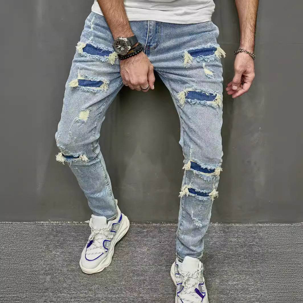 Men's Skinny Stretch Jeans - High Quality Mid Waist Trousers, Blue - Buy Center