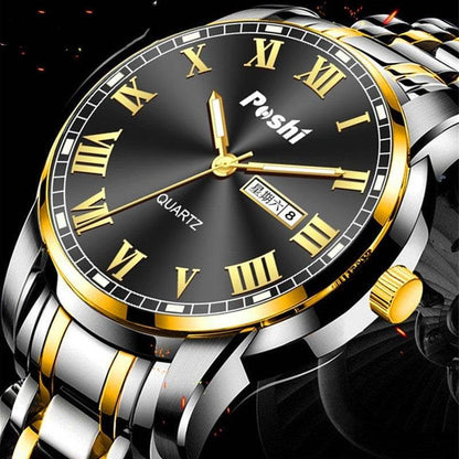 Men's Steel Band Quartz Watch - Luminous, Waterproof, Double Calendar - Buy Center