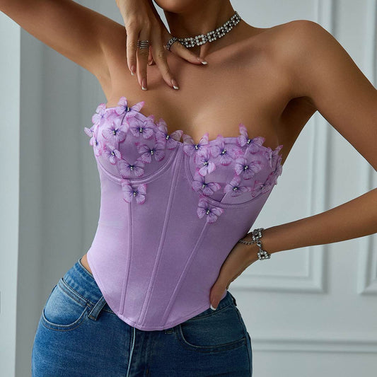 Sexy Satin Butterfly Tube Top - Strapless Abstract Purple Camisole - Buy Center