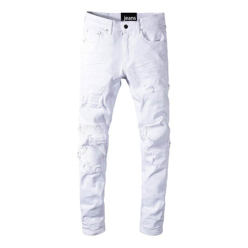High Street Slim Men's Jeans - Tear Patch Design, Straight Fit, White - Buy Center