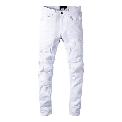 High Street Slim Men's Jeans - Tear Patch Design, Straight Fit, White - Buy Center