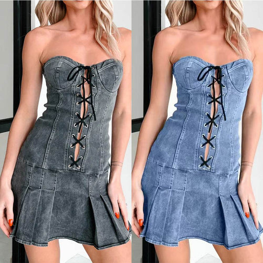Buycenter Low Waist Denim Dress for Women - Sleeveless Mid-Length Style - Buy Center