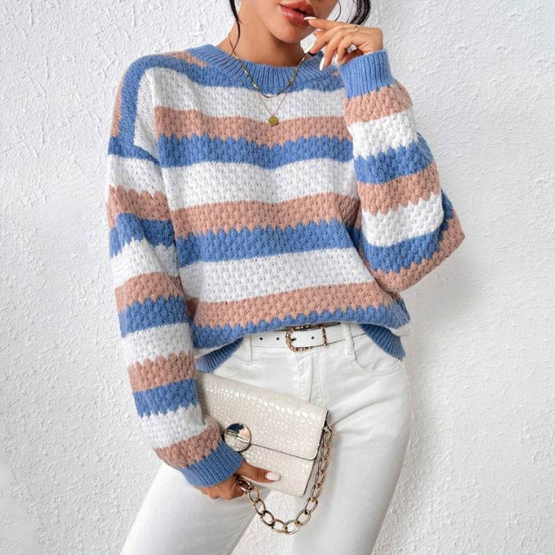 Buycenter Striped Casual Sweater - Round Neck, Long Sleeve for Women - Buy Center